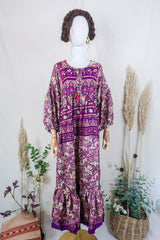 Poppy Smock Dress - Vintage Sari - Violet & Champagne Flowers - S By All About Audrey