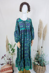 Poppy Smock Dress - Vintage Sari - Electric Green & Indigo Blue Paisley - S/M by All About Audrey
