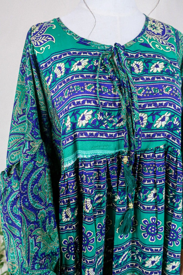 Poppy Smock Dress - Vintage Sari - Electric Green & Indigo Blue Paisley - S/M by All About Audrey