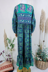 Poppy Smock Dress - Vintage Sari - Midnight Blue & Pine By All About Audrey