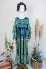 Poppy Smock Dress - Vintage Sari - Juniper & Azure Blue Jacquard By All About Audrey
