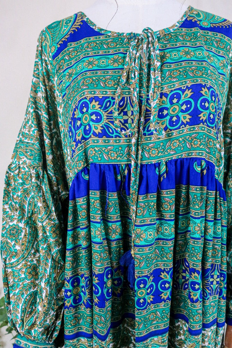 Poppy Smock Dress - Vintage Sari - Juniper & Azure Blue Jacquard By All About Audrey