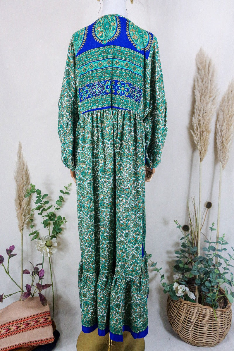 Poppy Smock Dress - Vintage Sari - Juniper & Azure Blue Jacquard By All About Audrey