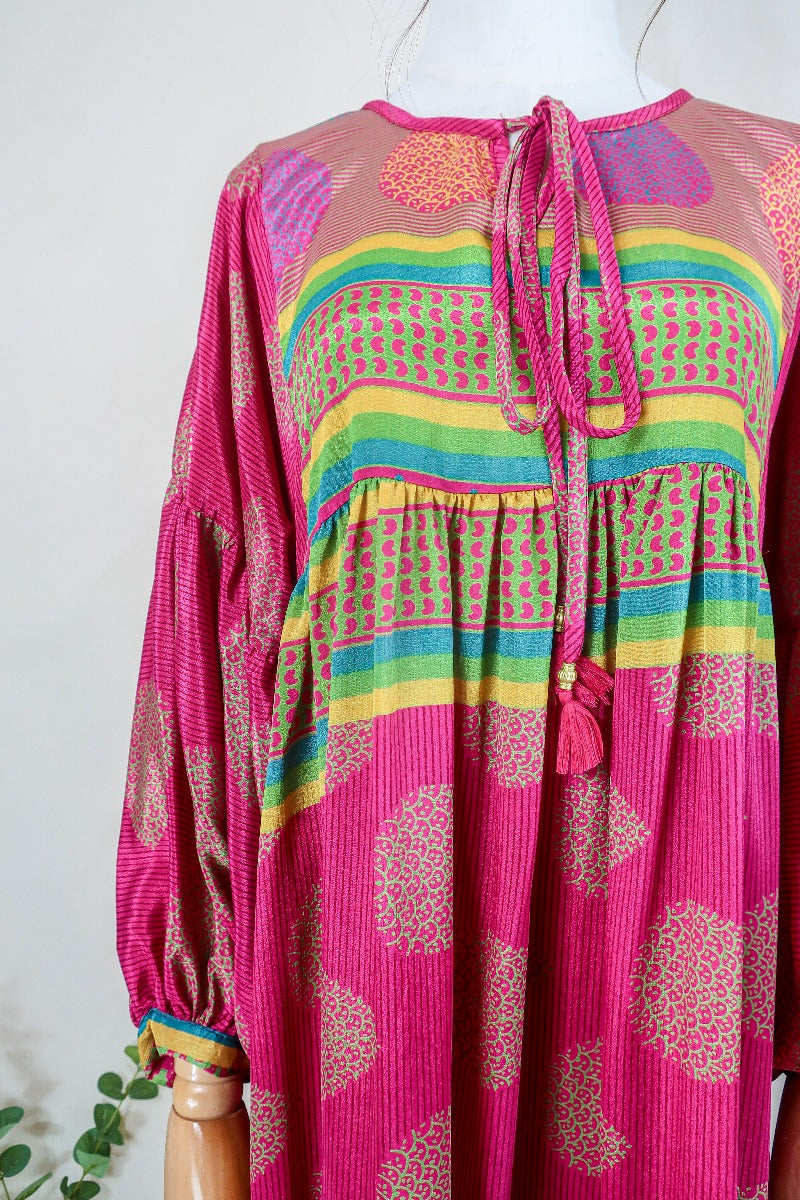 Poppy Smock Dress - Vintage Sari - Fiery Pink & Teardrop Motif - S/M by All About Audrey