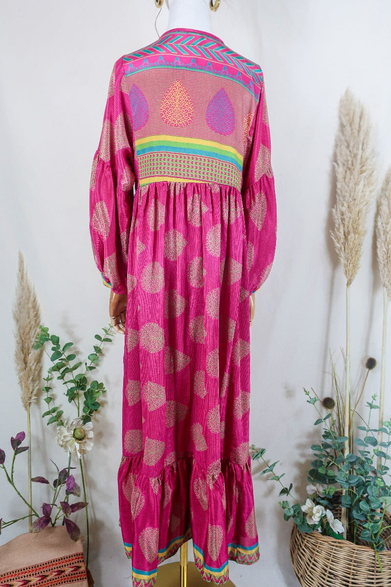 Poppy Smock Dress - Vintage Sari - Fiery Pink & Teardrop Motif - S/M by All About Audrey