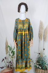 Poppy Smock Dress - Vintage Sari - Turmeric Yellow & Hazelnut Brown Floral - XS by All About Audrey