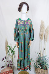 Poppy Smock Dress - Vintage Sari - Juniper Green & Plum Paisley - S/M By All About Audrey