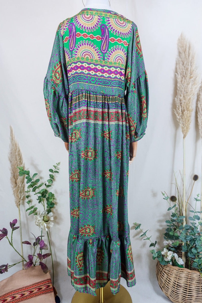Poppy Smock Dress - Vintage Sari - Juniper Green & Plum Paisley - S/M By All About Audrey