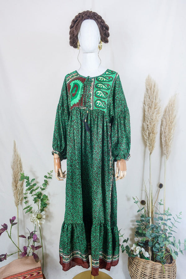 Poppy Smock Dress - Vintage Sari - Emerald Green & Chestnut Brown Paisley - XS by All About Audrey