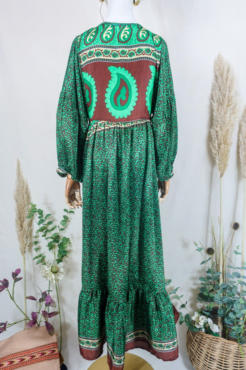 Poppy Smock Dress - Vintage Sari - Emerald Green & Chestnut Brown Paisley - XS by All About Audrey