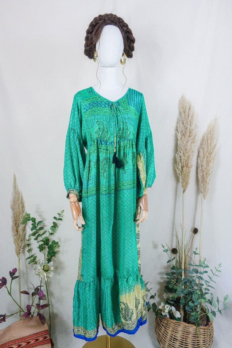 Poppy Smock Dress - Vintage Sari - Emerald Green Paisley Tile - XS by All About Audrey