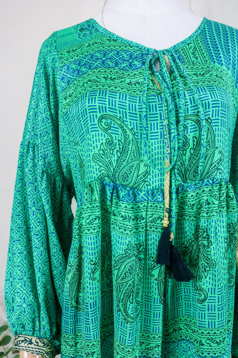 Poppy Smock Dress - Vintage Sari - Emerald Green Paisley Tile - XS by All About Audrey