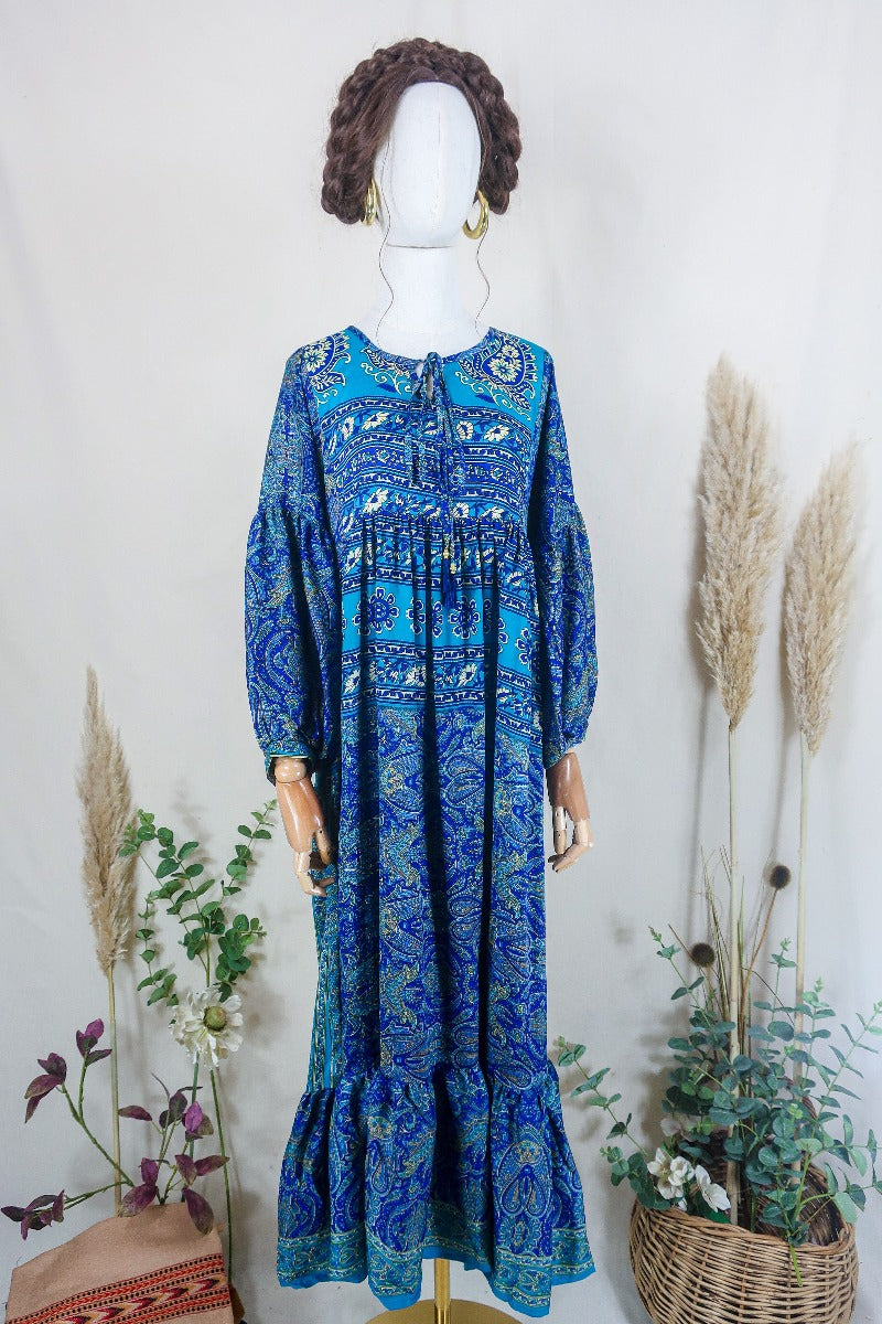 Poppy Smock Dress - Vintage Sari - Lapis Blue Wildflower - S/M By All About Audrey