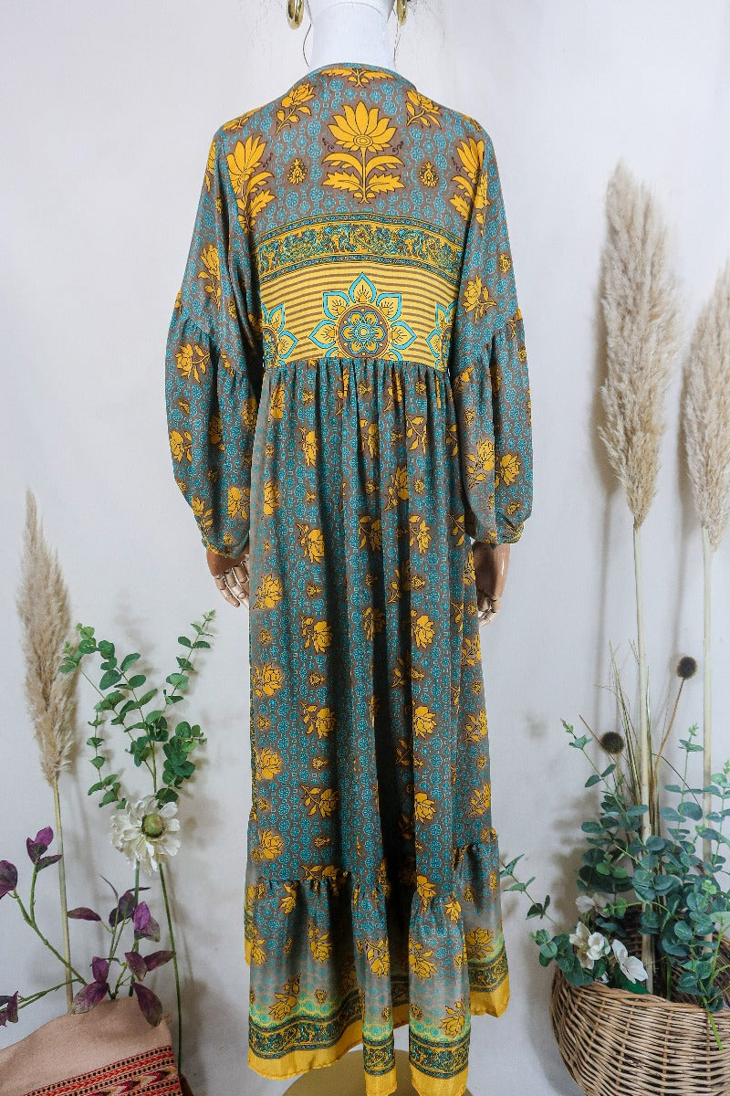 Vintage Sari Smock Maxi Yellow Brown Floral XS All About Audrey All About Audrey Vintage Boutique