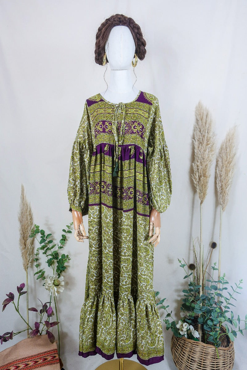 Poppy Smock Dress - Vintage Sari - Olive Green & Eggplant Paisley Floral - S/M by All About Audrey
