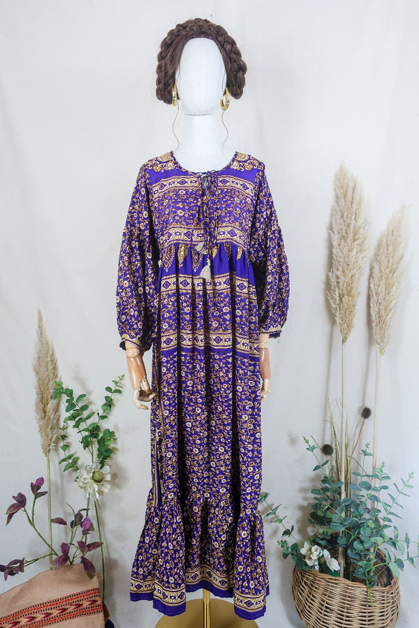 Poppy Smock Dress - Vintage Sari - Plum Purple & Golden Cream Floral - XS by All About Audrey