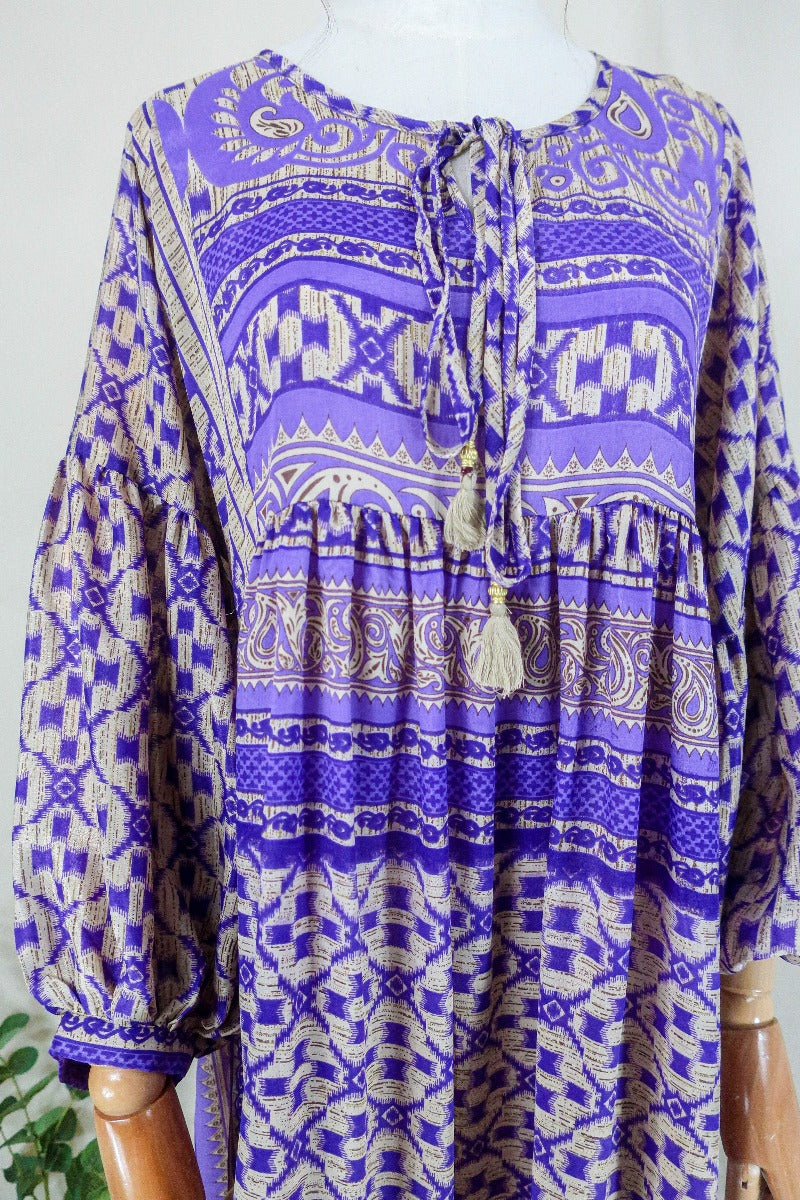 Poppy Smock Dress - Vintage Sari - White Birch & Lavender Purple Abstract - S/M by All About Audrey