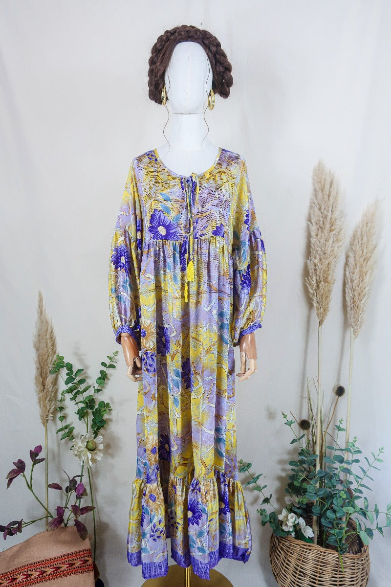 Poppy Smock Dress - Vintage Sari - Pansy Purple & Sun Bloom- M/L By All About Audrey
