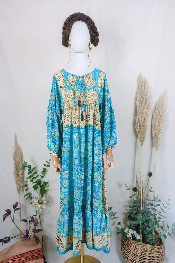 Poppy Smock Dress - Vintage Sari - Powder Blue & Sandy Beige Floral - XS by All About Audrey