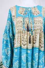 Poppy Smock Dress - Vintage Sari - Powder Blue & Sandy Beige Floral - XS by All About Audrey