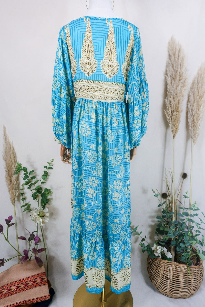Poppy Smock Dress - Vintage Sari - Powder Blue & Sandy Beige Floral - XS by All About Audrey