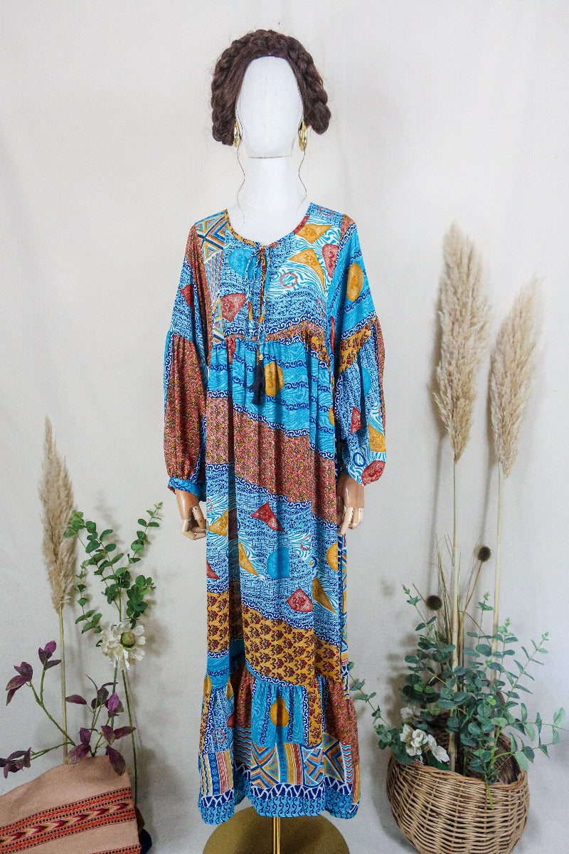 Poppy Smock Dress - Vintage Sari - Terracotta & Teal Patchwork - L By All About Audrey