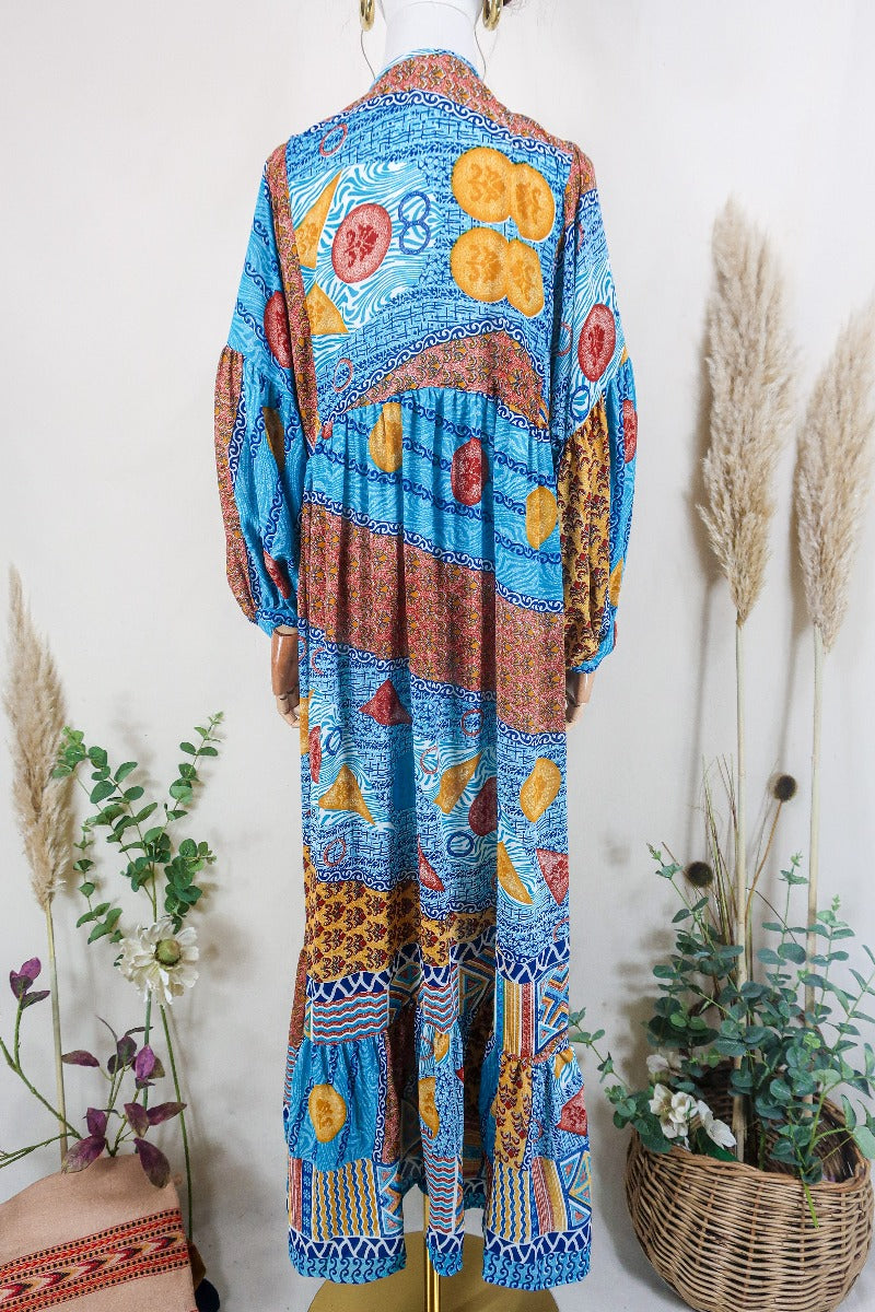 Vintage Sari Smock Maxi Blue Rust Patchwork L All About Audrey All About Audrey Vintage Boutique