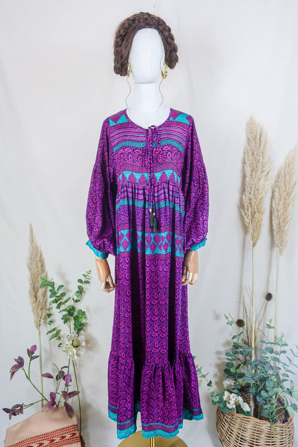 Poppy Smock Dress - Vintage Sari - Magenta & Aubergine Purple Botanical - XS by All About Audrey