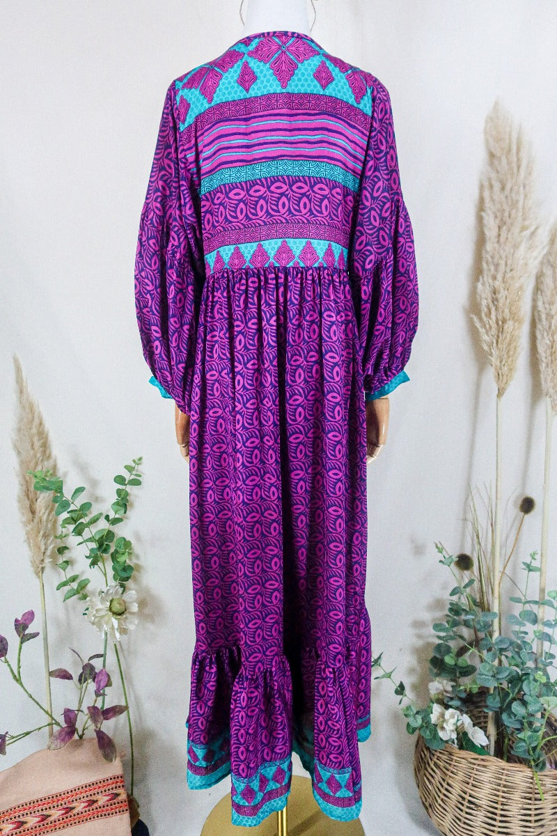 Poppy Smock Dress - Vintage Sari - Magenta & Aubergine Purple Botanical - XS by All About Audrey