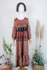 Poppy Smock Dress - Vintage Sari - Chilli Red & Pale Olive Paisley Floral - XS by All About Audrey