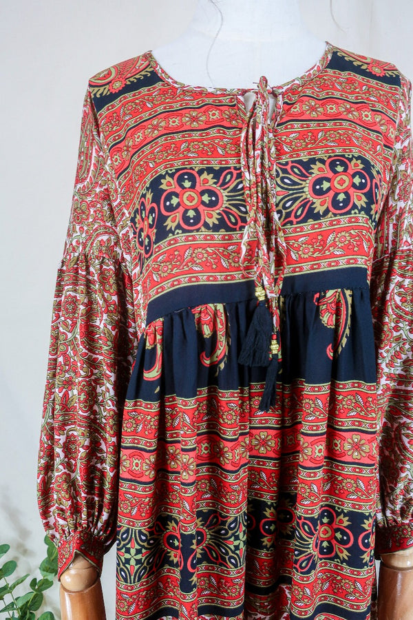 Poppy Smock Dress - Vintage Sari - Chilli Red & Pale Olive Paisley Floral - XS by All About Audrey