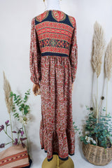 Poppy Smock Dress - Vintage Sari - Chilli Red & Pale Olive Paisley Floral - XS by All About Audrey