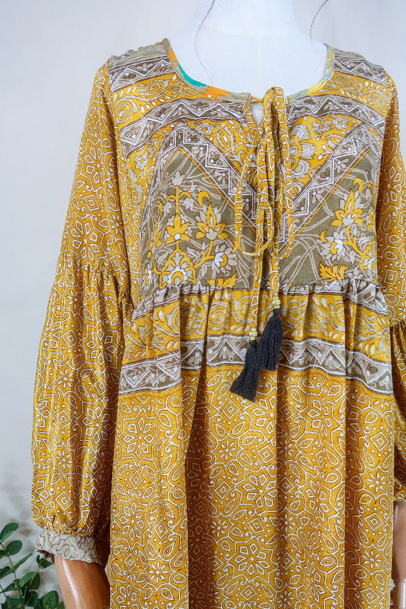 Poppy Smock Dress - Vintage Sari - Mustard Mandalas - Size M/L By All About Audrey