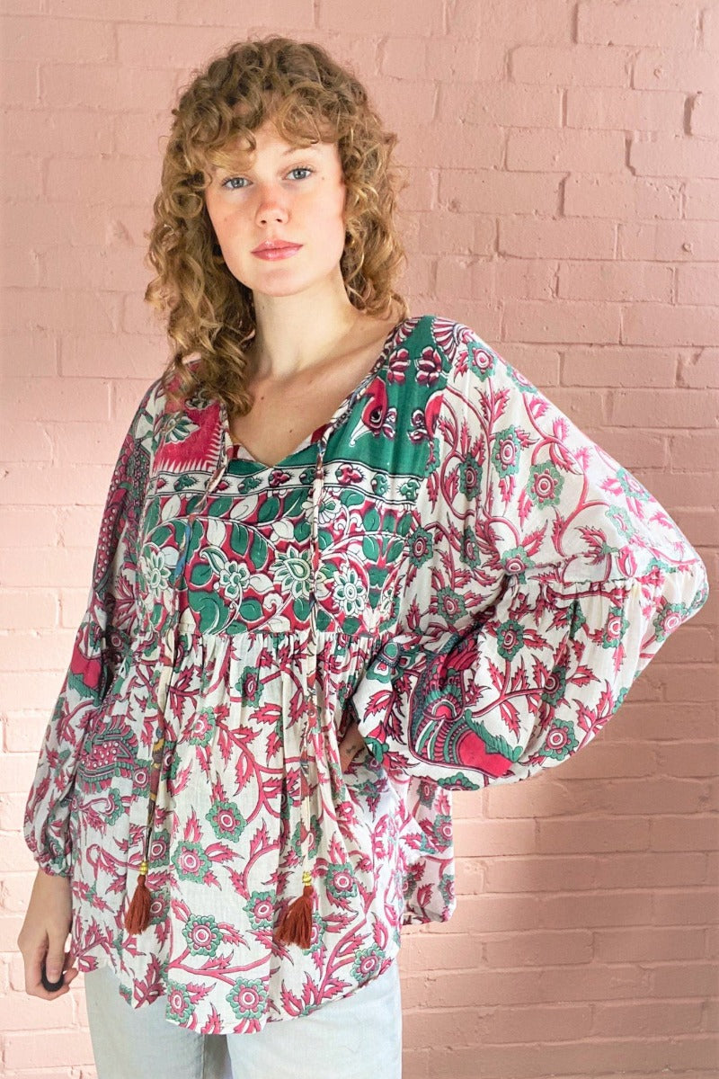 Sale jade red and faint pink tudor rose floral vine block print recycled cotton sari long sleeve Daisy smock top. All About Audrey