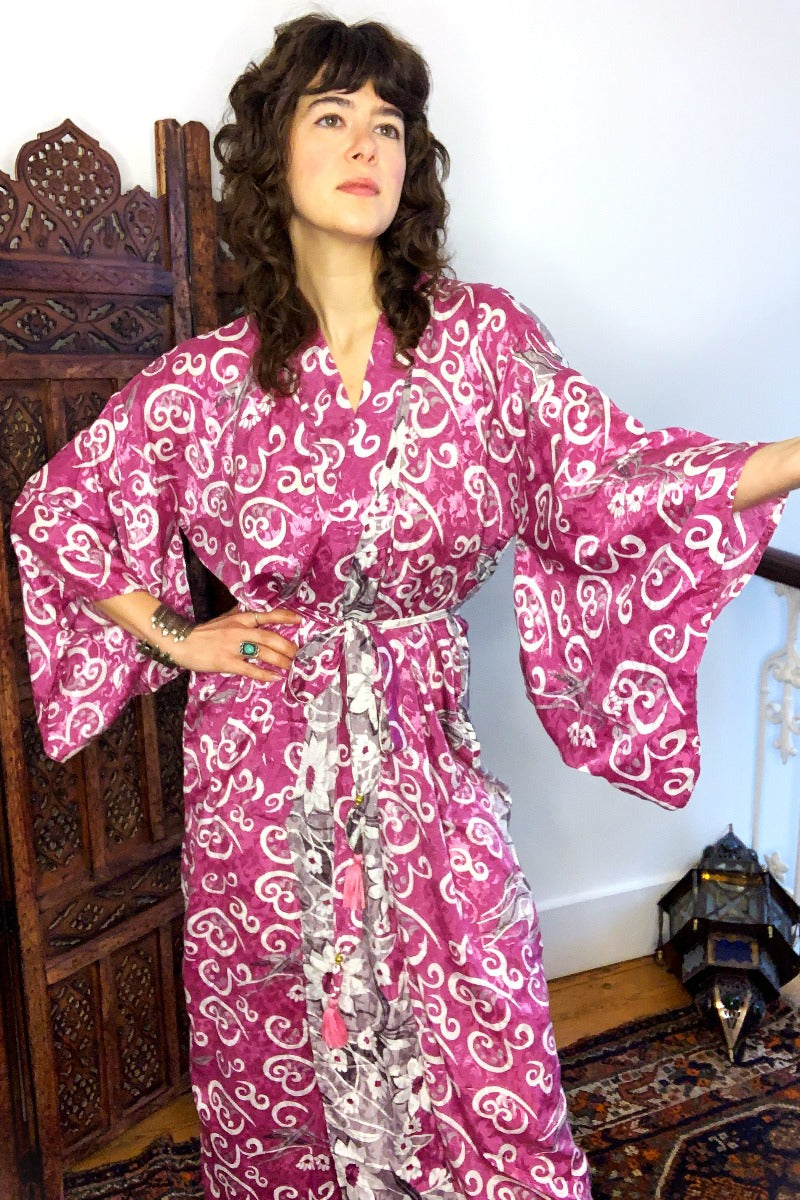 Juliet Kimono Dress - Dusky Purple & White Floral - Vintage Indian Sari - Free Size by all about audrey