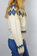 Chunky Cream, Blue & Grey Aran Knitted Jumper - Size M/L