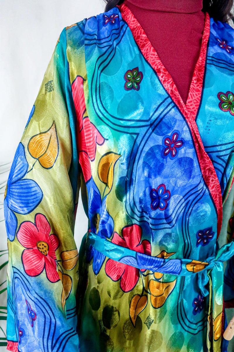 Karina Kimono Jacket - Vintage Sari - Vivid Kaleidoscope Floral - Free Size S/M