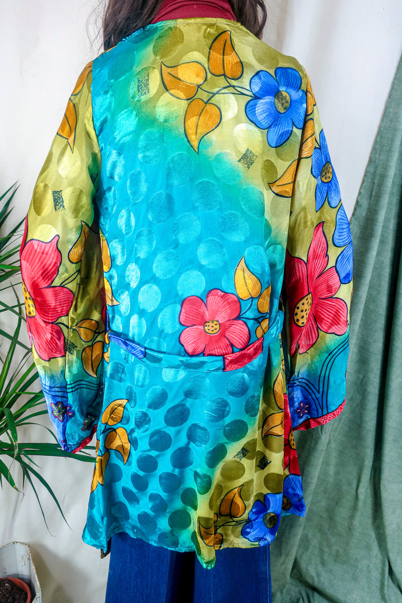 Karina Kimono Mini Dress - Vintage Sari - Vivid Kaleidoscope Floral - Free Size S/M By All About Audrey