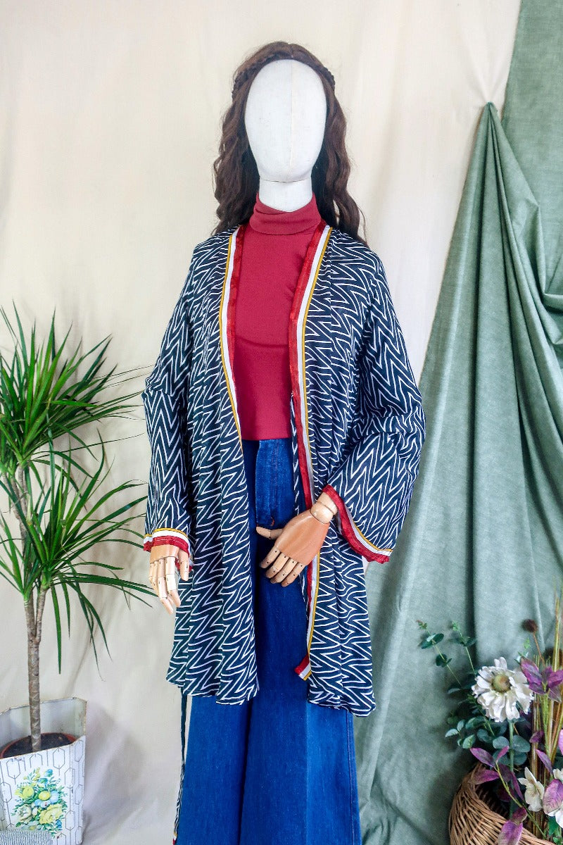 Karina Kimono Mini Dress - Vintage Sari - Midnight Chevron & Red Paisley - Free Size S/M By All About Audrey