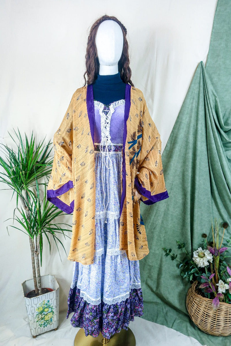 Karina Kimono Mini Dress - Vintage Sari - Peachy Peacock Print - Free Size XL By All About Audrey