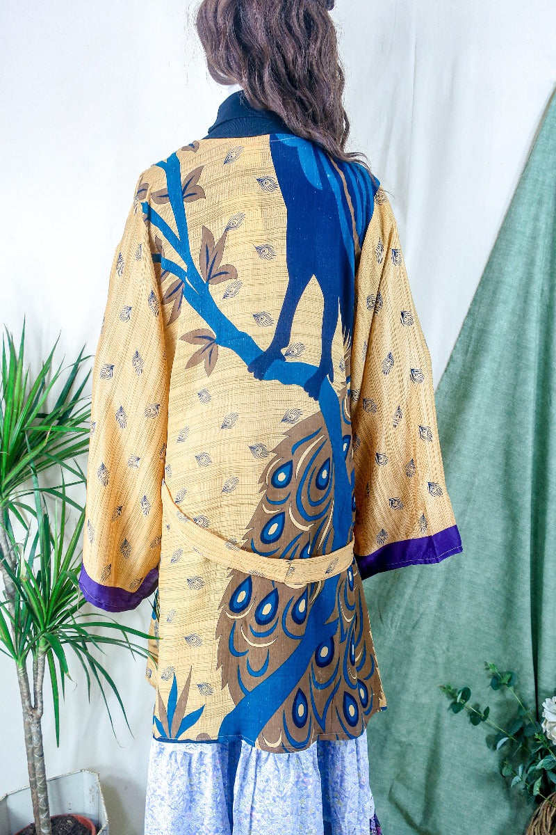 Karina Kimono Mini Dress - Vintage Sari - Peachy Peacock Print - Free Size XL By All About Audrey