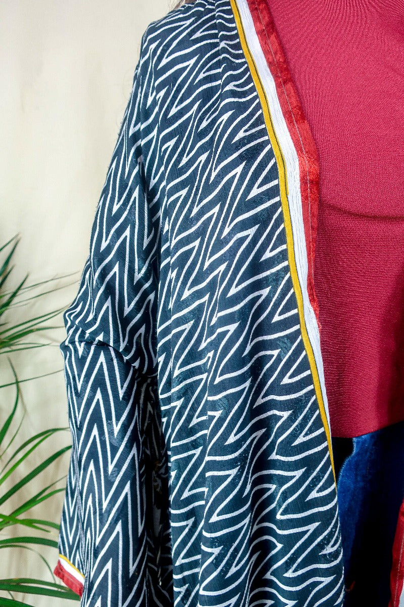 Karina Kimono Mini Dress - Vintage Sari - Midnight Chevron & Red Paisley - Free Size S/M By All About Audrey