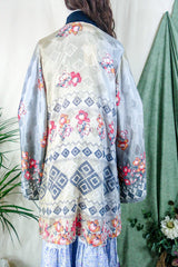 Karina Kimono Mini Dress - Vintage Sari - Silver & Fiery Blossom - Free Size XL By All About Audrey