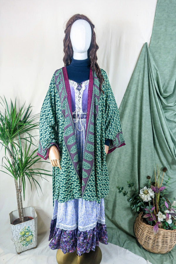 Karina Kimono Mini Dress - Vintage Sari - Sage & Ruby Dream - Free Size XXL By All About Audrey