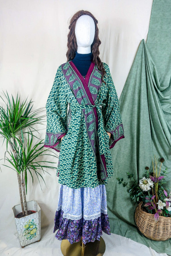 Karina Kimono Mini Dress - Vintage Sari - Sage & Ruby Dream - Free Size XXL By All About Audrey