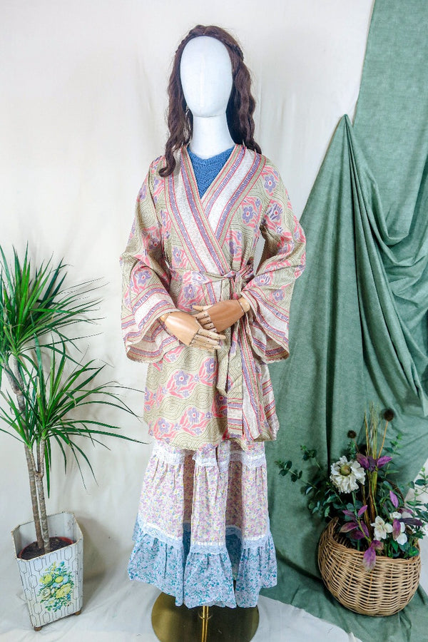 Karina Kimono Mini Dress - Vintage Sari - Retro Daisy Tapestry - Free Size M By All About Audrey