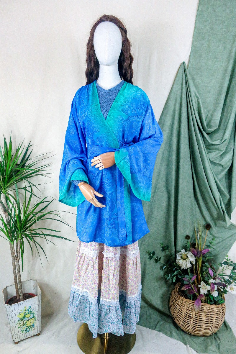 Karina Kimono Mini Dress - Vintage Sari - Mermaid Blue Floral - Free Size XL By All About Audrey