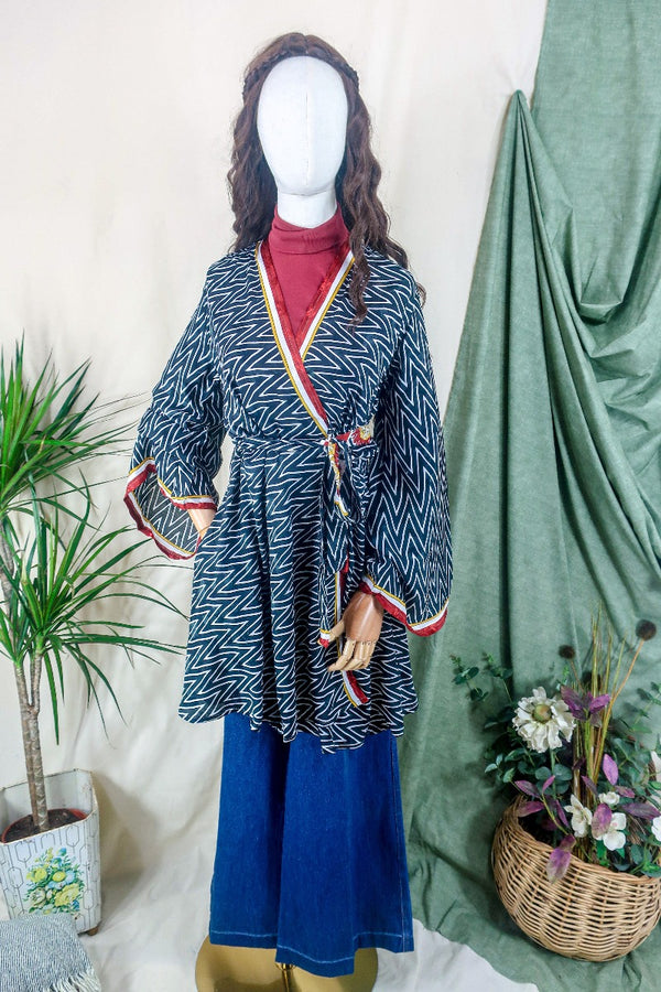 Karina Kimono Mini Dress - Vintage Sari - Midnight Chevron & Red Paisley - Free Size S/M By All About Audrey