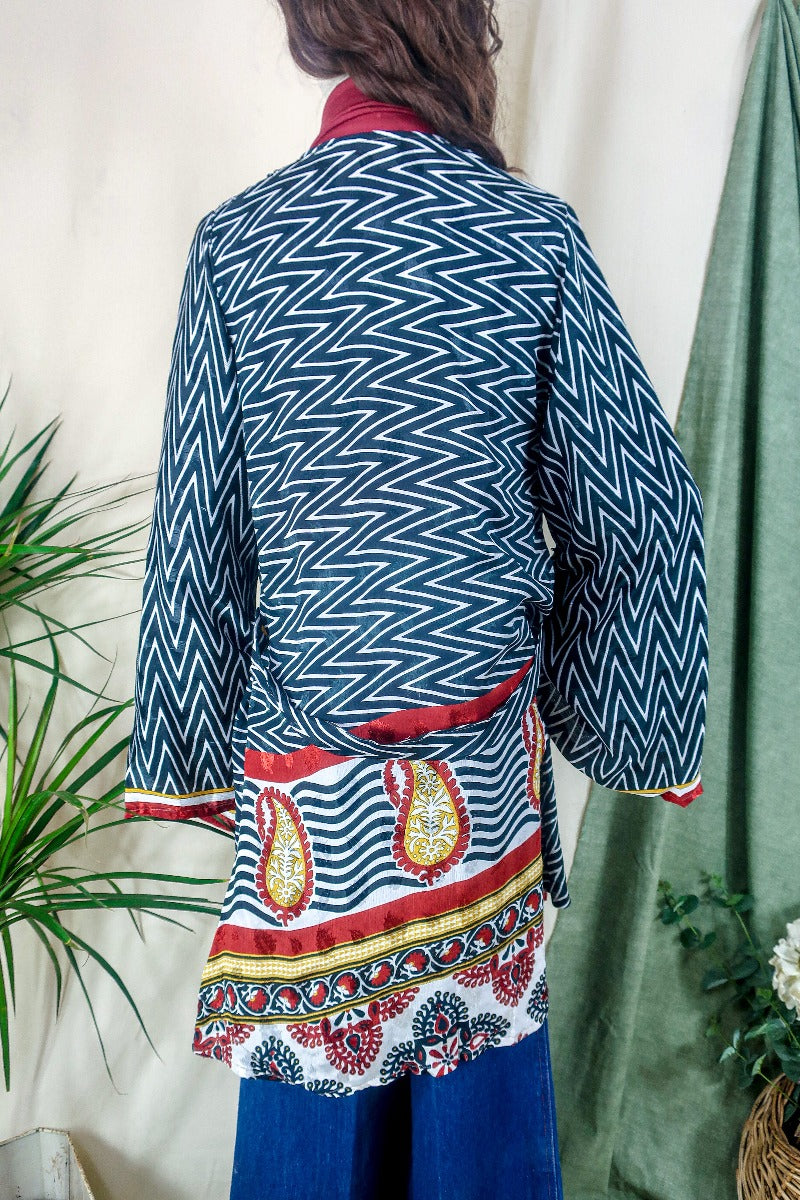 Karina Kimono Mini Dress - Vintage Sari - Midnight Chevron & Red Paisley - Free Size S/M By All About Audrey