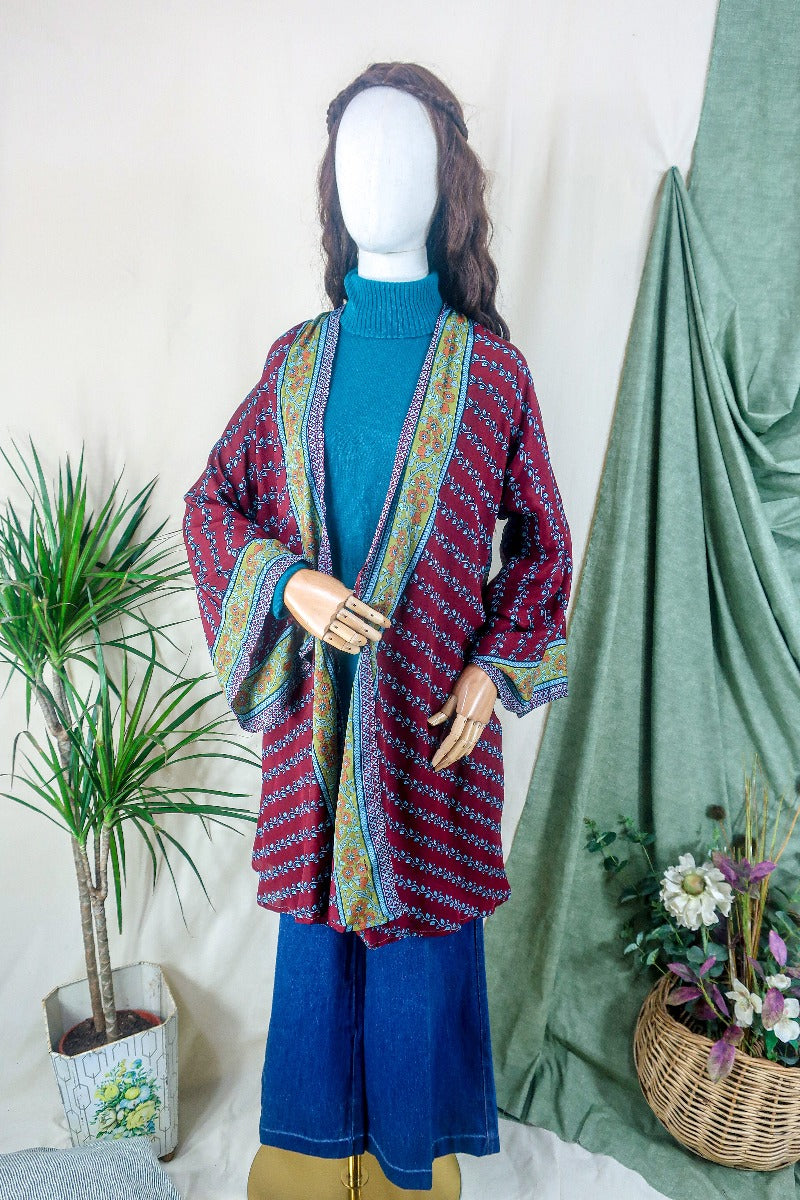 Karina Kimono Mini Dress - Vintage Sari - Burgundy & Dark Lime Paisley - Free Size S/M By All About Audrey